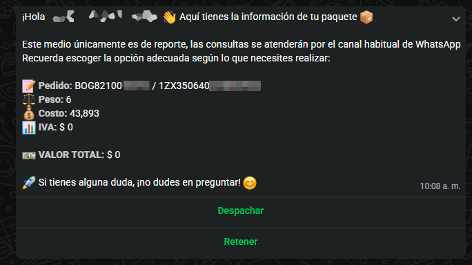Mensaje automático de WhatsApp de Courier Cargo Market avisando que el pedido llegó, con pedido, peso, costo e impuestos