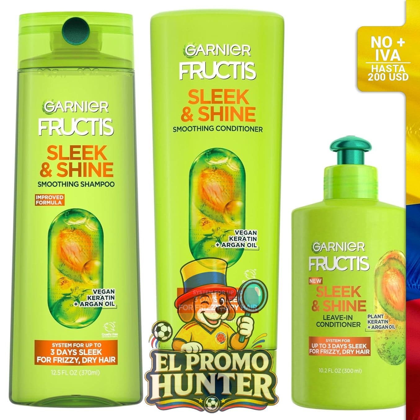 Kit de shampoo, acondicionador y tratamiento Garnier Fructis Sleek & Shine para cabello crespo.