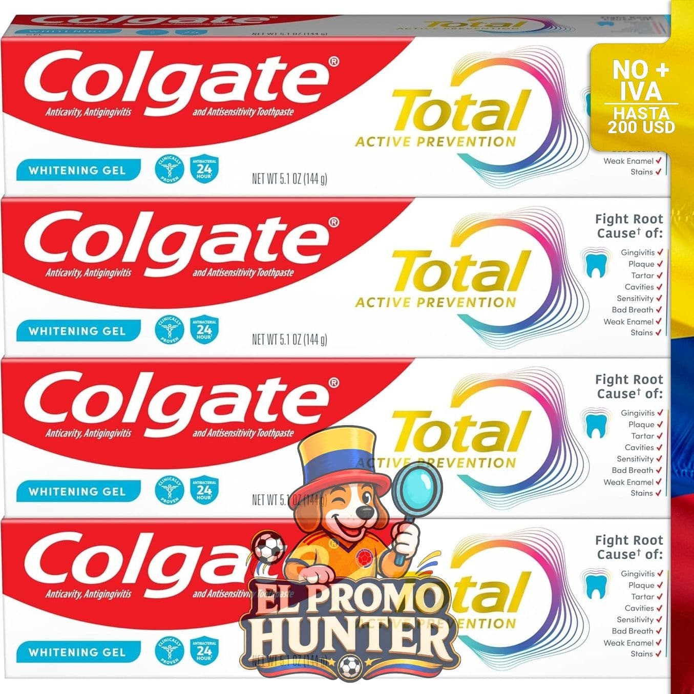 Colgate Total Gel Blanqueador Menta, paquete de 4 unidades.