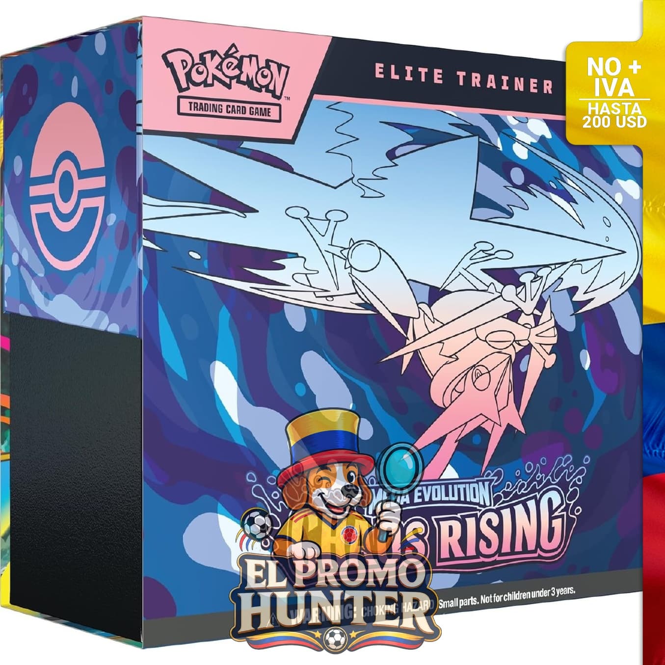 Caja Elite de Pokémon TCG Chaos Rising, incluye cartas coleccionables y accesorios para juego.