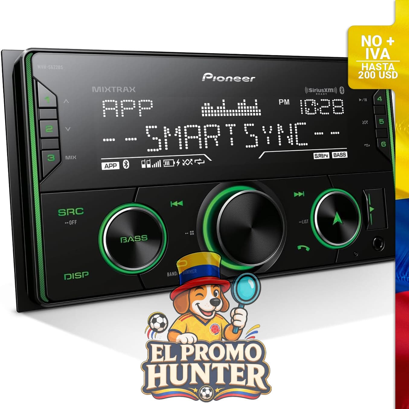 Estéreo Bluetooth de doble DIN Pioneer MVH-S622BS para automóvil, con entradas USB/AUX y sincronización inteligente.