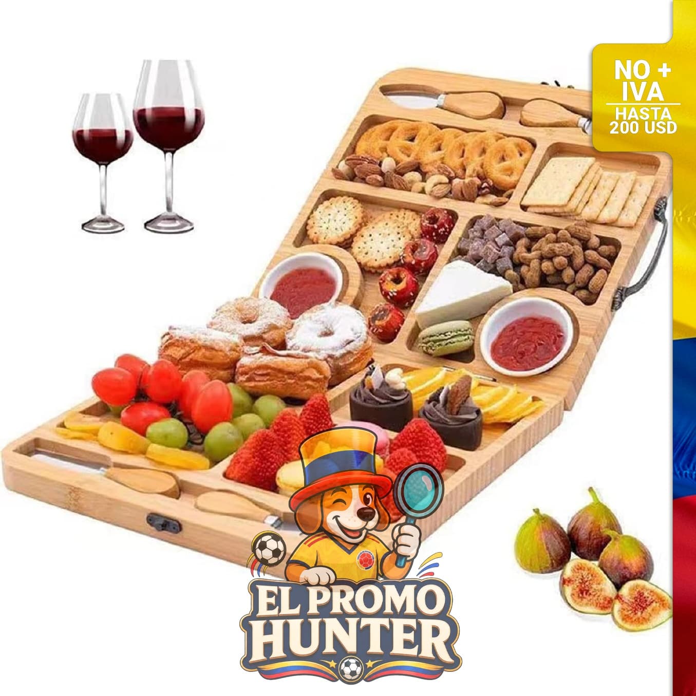 Tabla de charcutería expandible de bambú, ideal para servir alimentos.