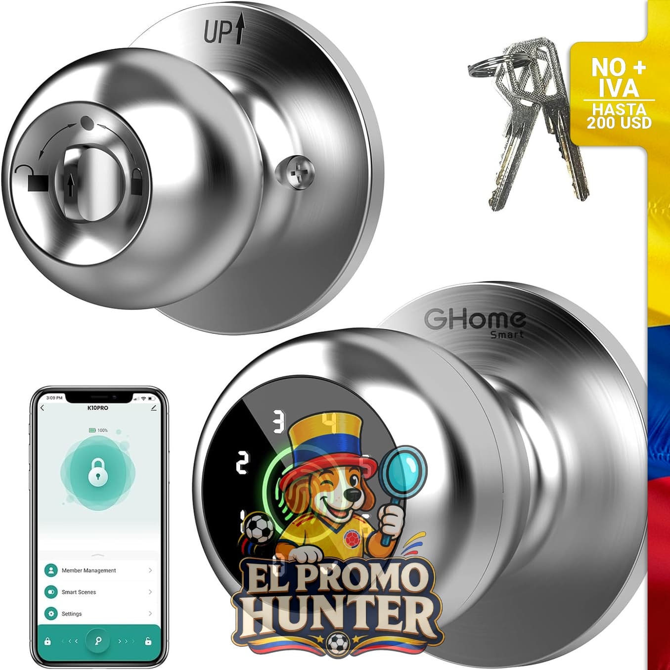 Cerradura Huella 4 en 1 Plata, con reconocimiento de huella, código, llave y control remoto.