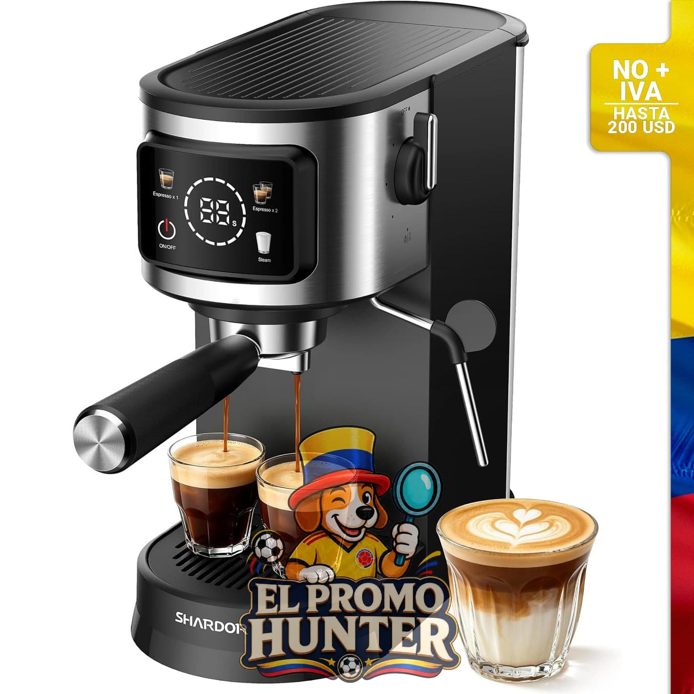 Máquina de espresso SHARDOR con vaporizador de leche, pantalla táctil LED, 15 bares de presión, tanque de 1.2 L, 1550 W.