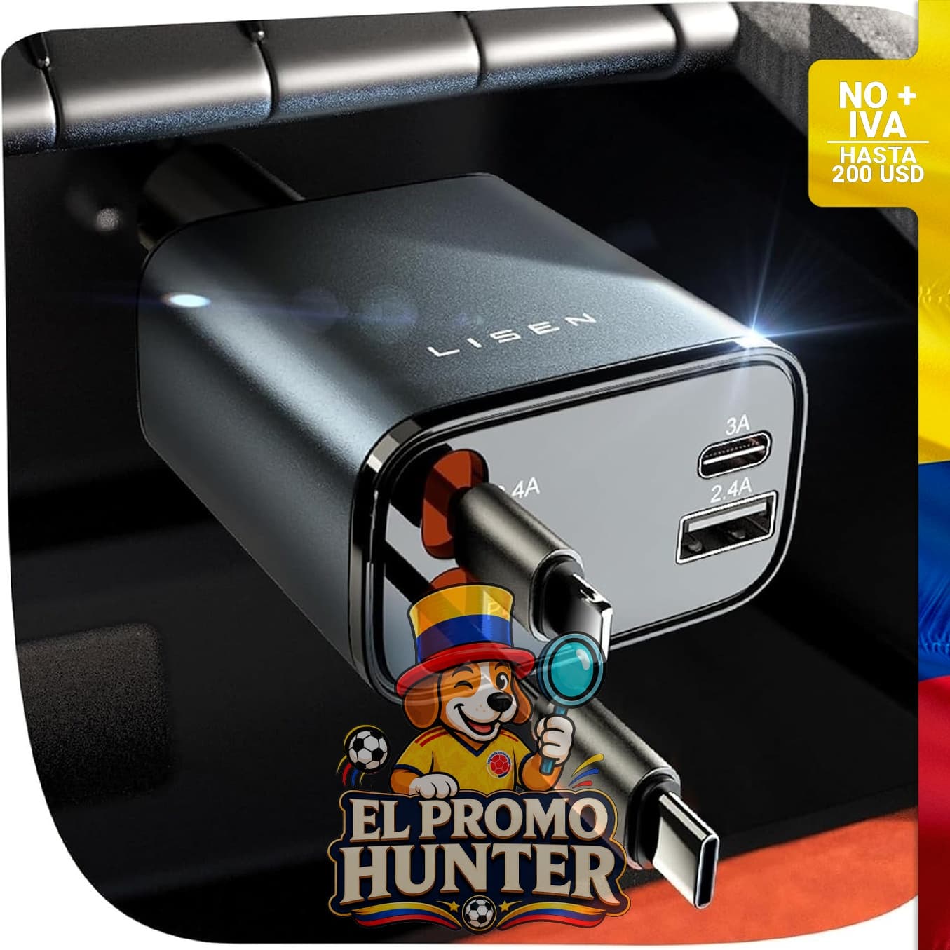 Cargador retráctil para automóvil USB C de 69 W, compatible con iPhone y Samsung.