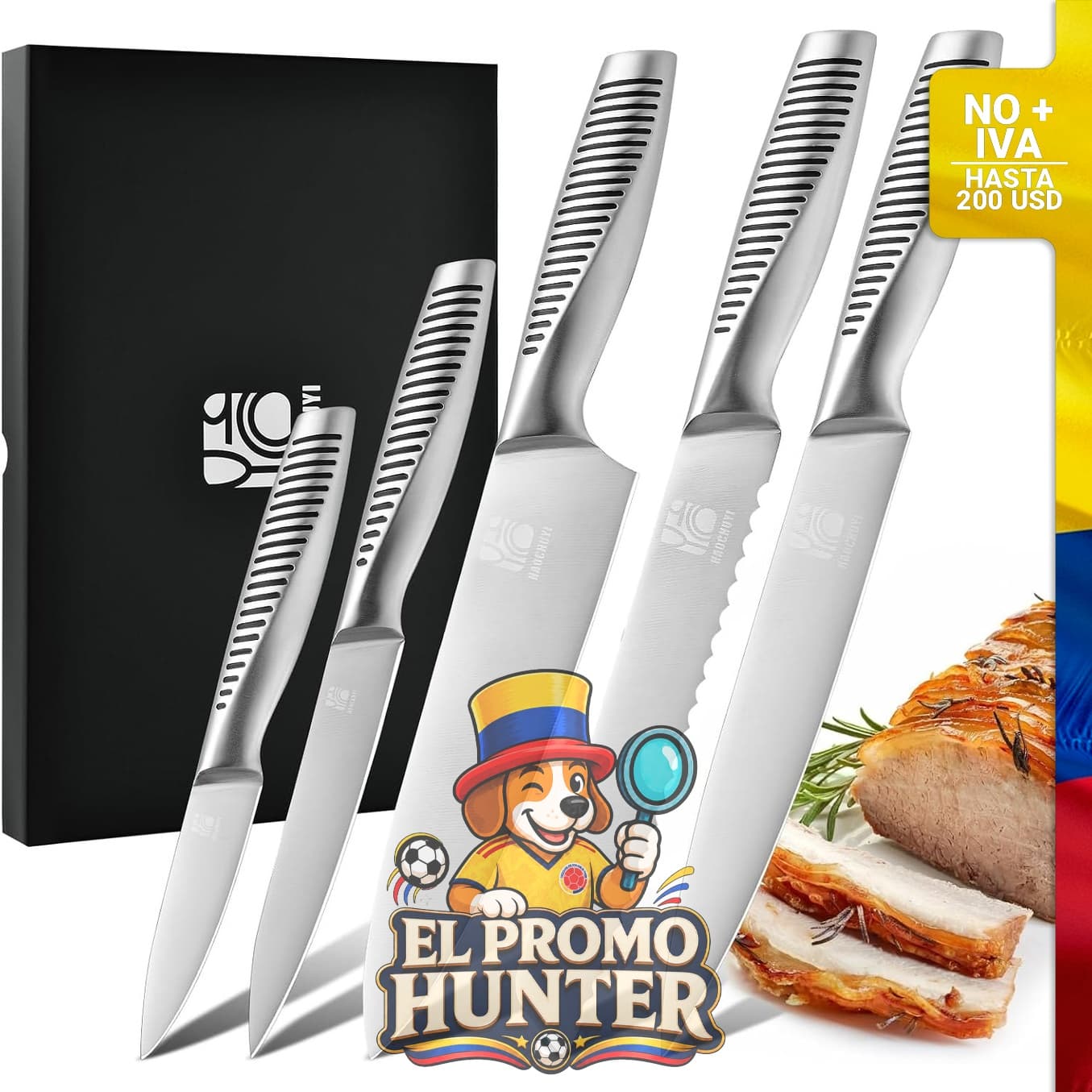 Juego de cuchillos de chef profesionales de 5 piezas, acero ultraafilado, mango ergonómico.