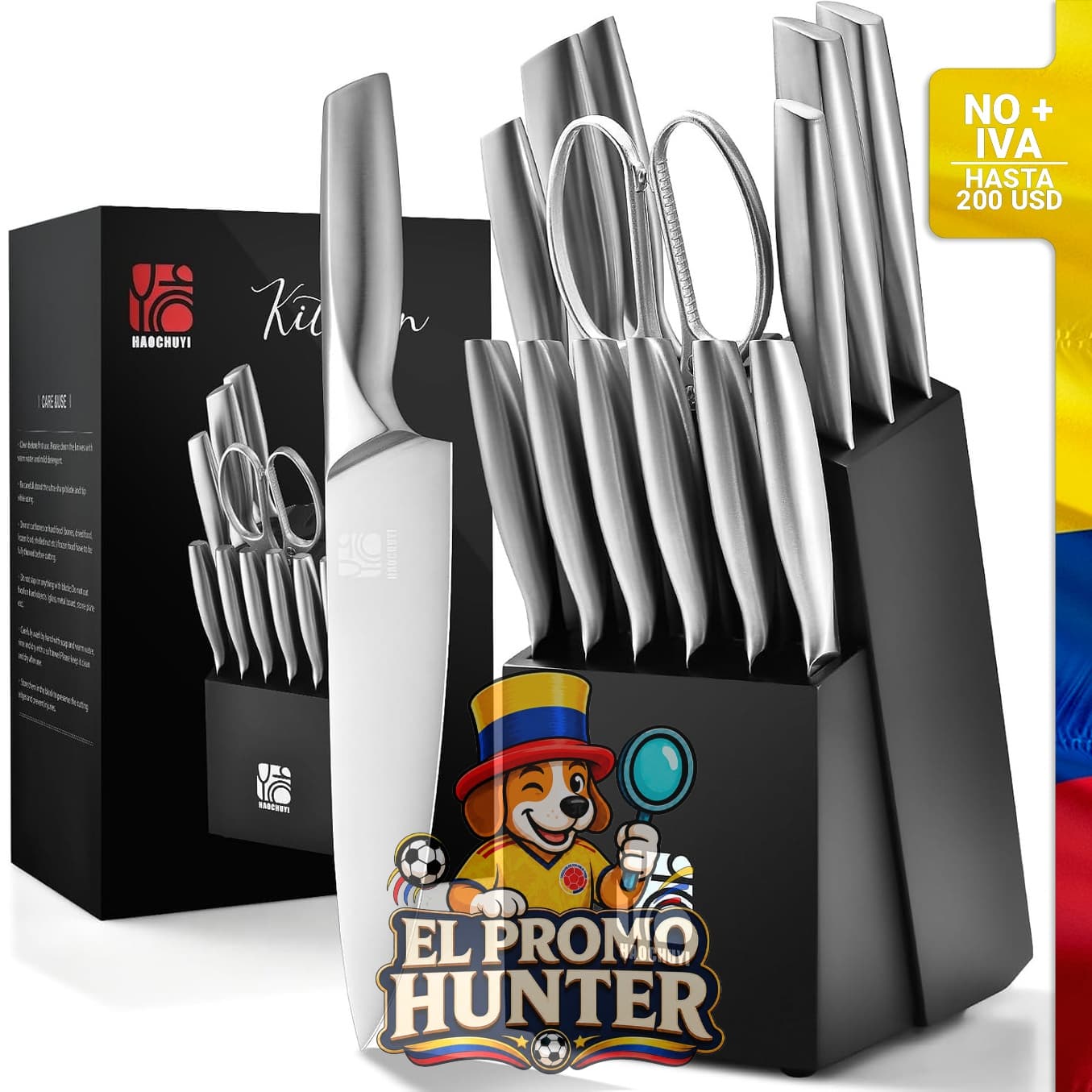 Juego de cuchillos de cocina de 14 piezas con bloque, incluye cuchillos de chef profesionales y mango de madera.