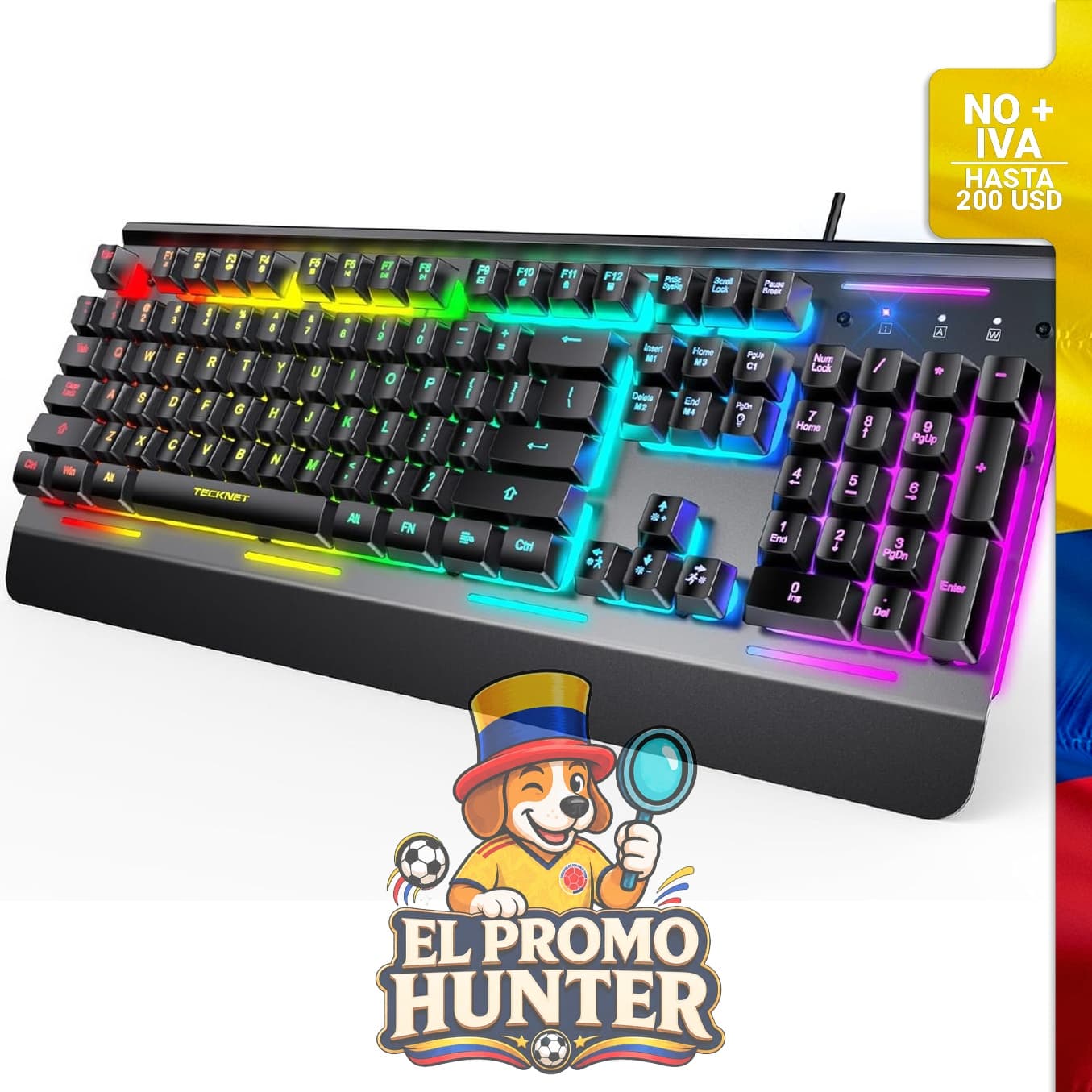 Teclado para juegos TECKNET con cable USB, iluminación RGB de 15 zonas y resistencia al agua IP32.