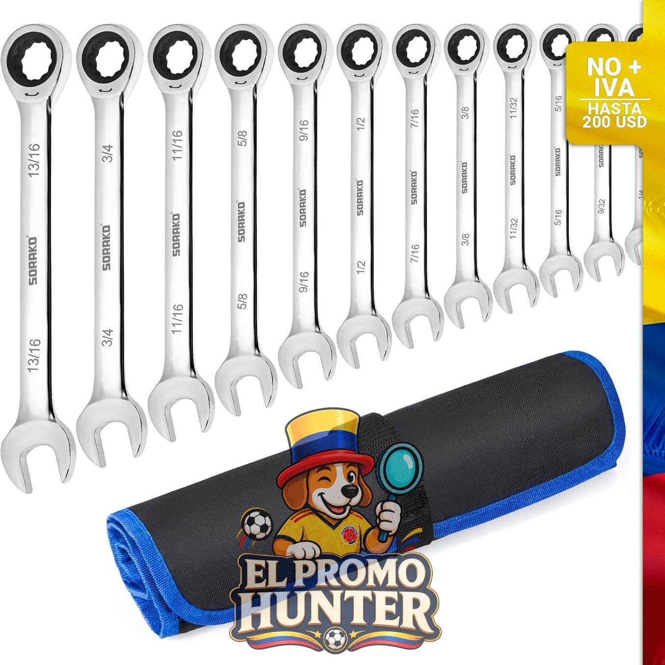 Llave combinada de trinquete de grado industrial de acero Cr-V, juego de 12 piezas.