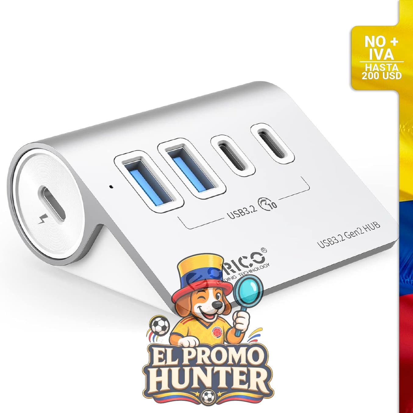 Concentrador USB 3.2 Gen2 de 4 puertos con 2 USB-A y 2 USB-C, incluye cable USB-C a USB-A/C de 1.64 pies.