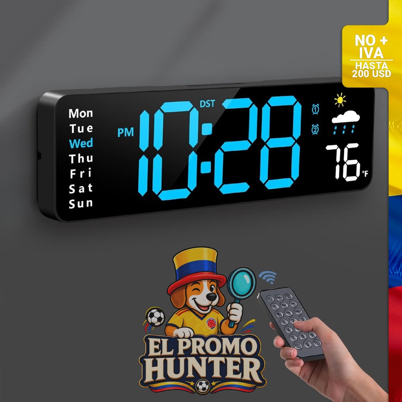 Reloj de pared digital con pantalla grande, control remoto, despertador LED, fecha, semana, temperatura y humedad.