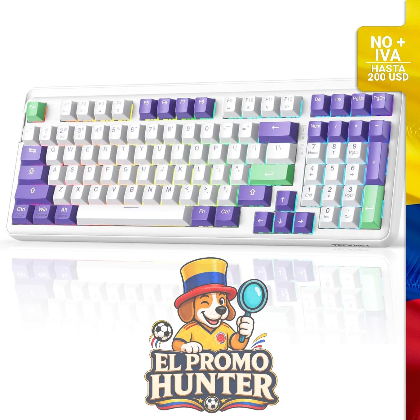 Teclado mecánico TECKNET con interruptores Sky, conexión Bluetooth, 2.4GHz y USB-C, diseño compacto del 96%.