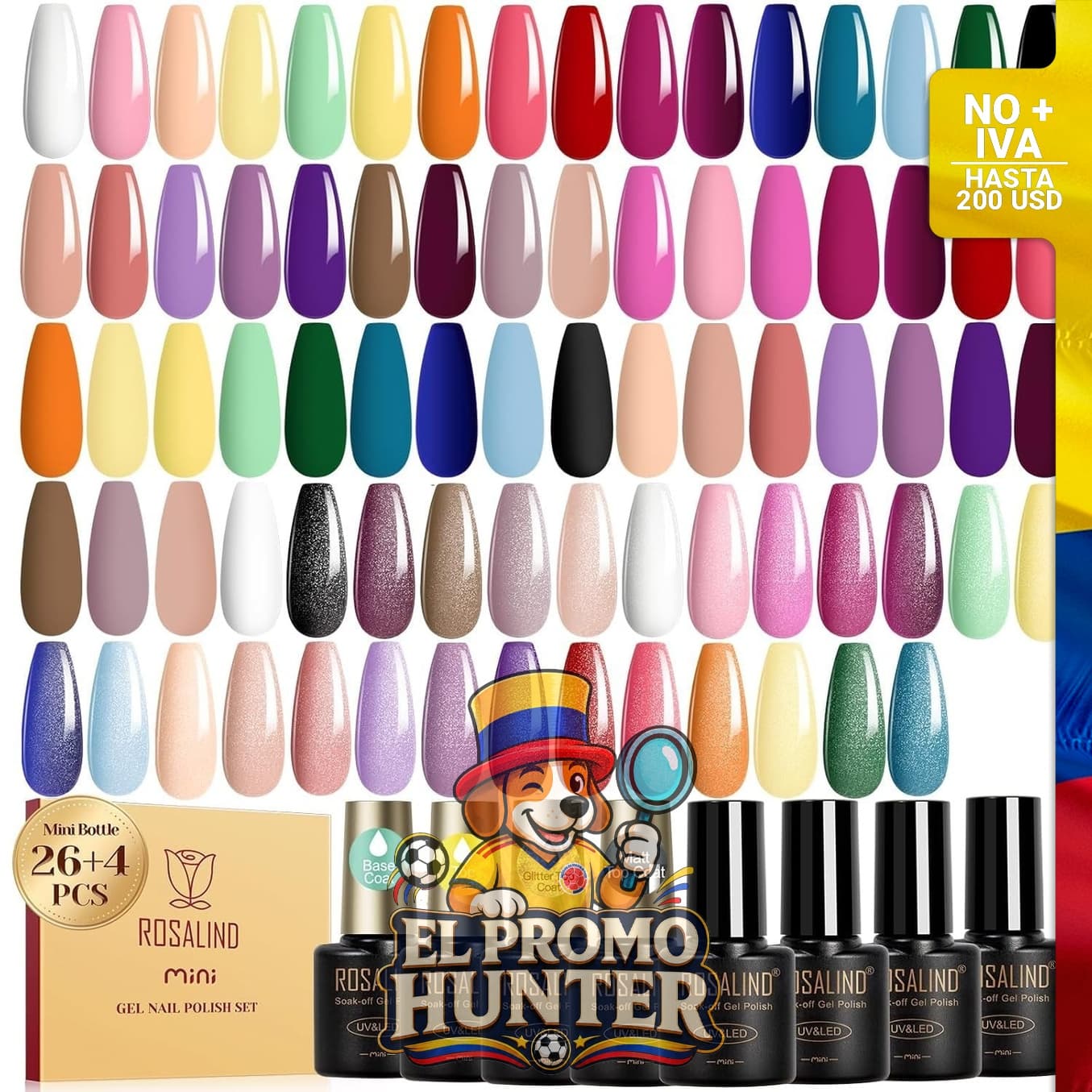 Juego de 30 esmaltes de uñas en gel, incluye 26 colores y 3 capas superiores (brillante, mate y purpurina).
