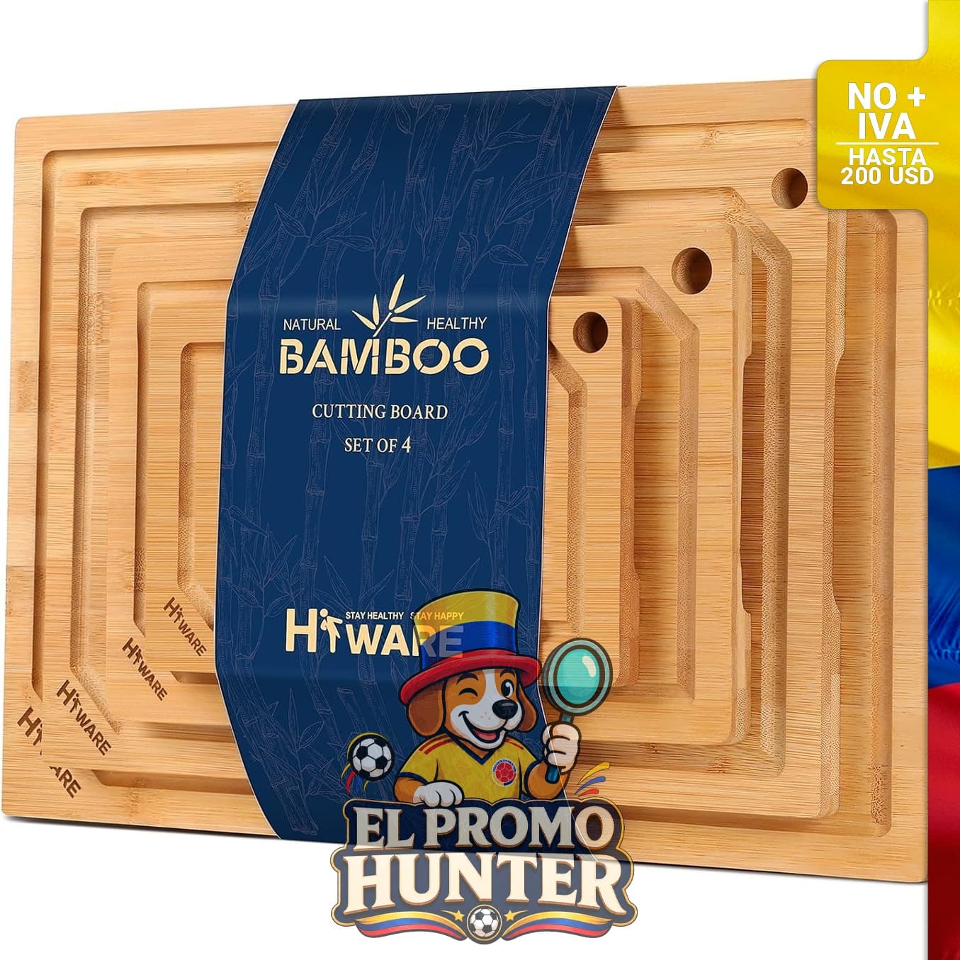 Juego de 4 tablas de cortar de bambú extra grandes, resistentes con ranura para jugos.