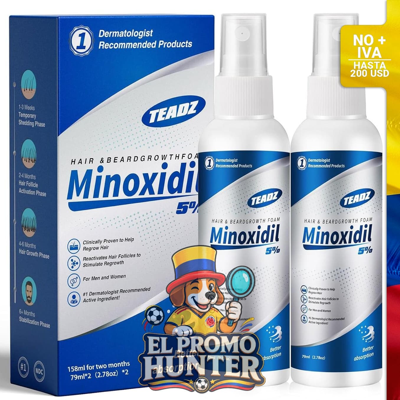 Suero de crecimiento capilar TEADZ con 5% de minoxidil para hombres y mujeres.