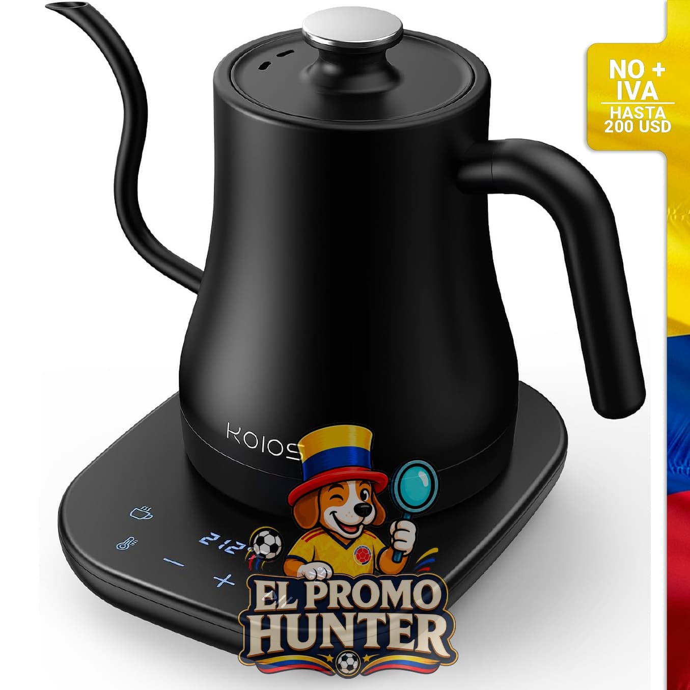 Hervidor eléctrico KOIOS de cuello de cisne, 0.8 L, acero inoxidable, 1200 W, control de temperatura ± 1 °F.
