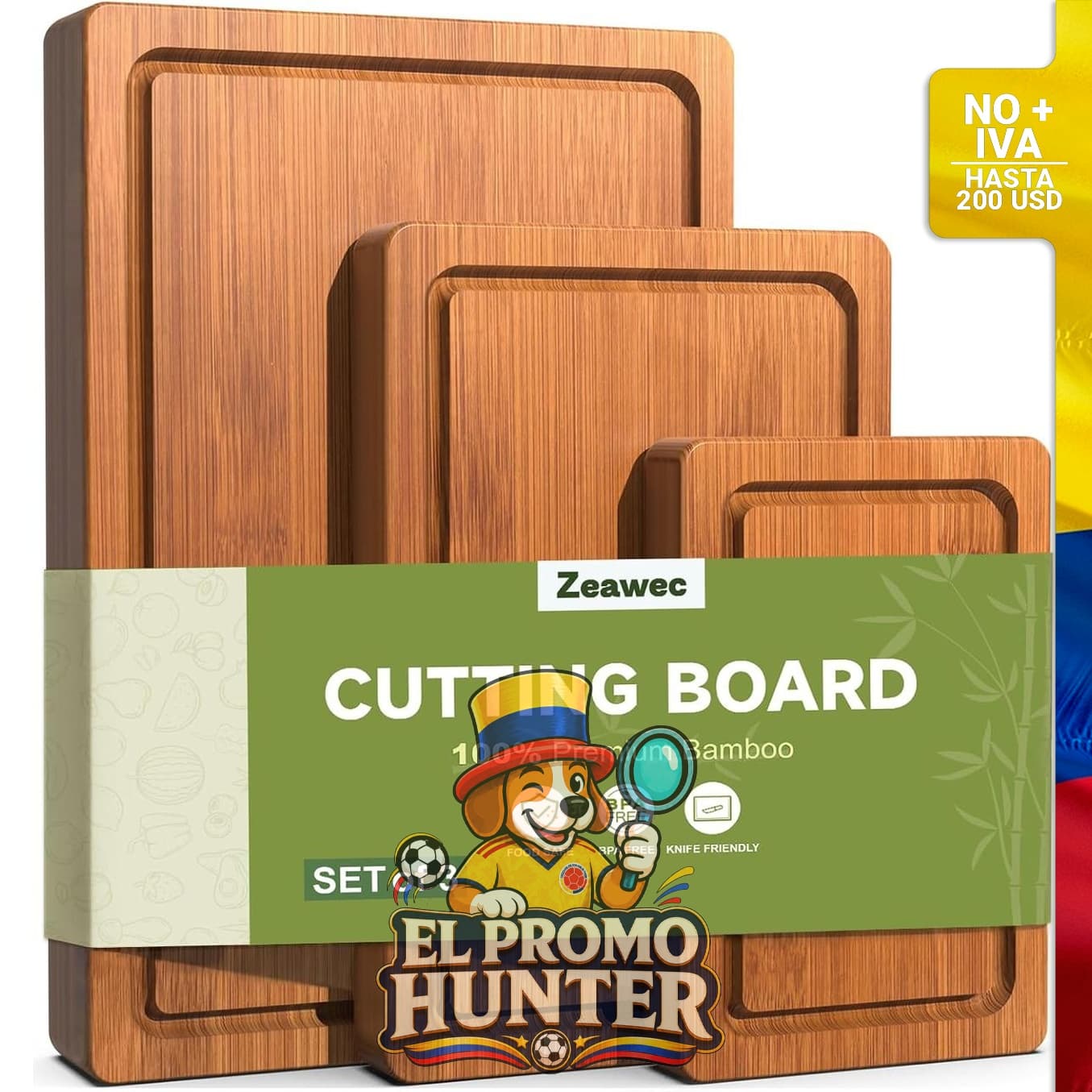 Juego de 3 tablas de cortar de bambú carbonizado, resistentes a grietas, con ranuras para jugos.