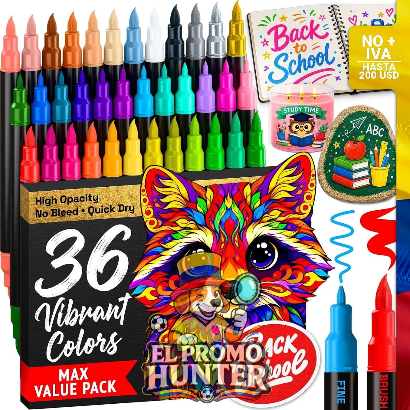 Marcadores de pintura acrílica ARTISTRO, 36 unidades, para diversas superficies como tela, roca, vidrio y madera.