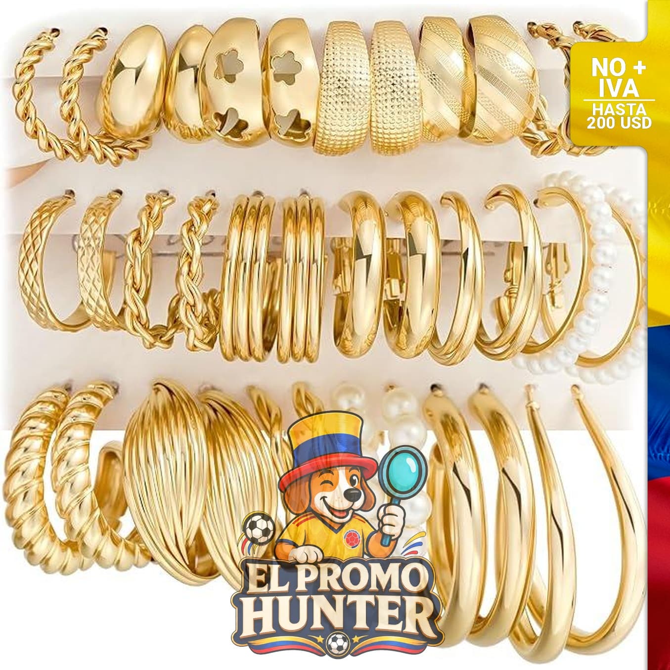 Conjunto de 18 pares de aretes de aro dorados, hipoalergénicos, con perlas, en paquete múltiple.