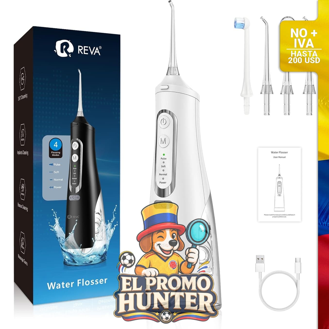 Irrigador dental inalámbrico M209, 10.5 fl oz (310 ml), 4 modos, recargable, 4 puntas, boquilla de 360°, impermeable IPX7.