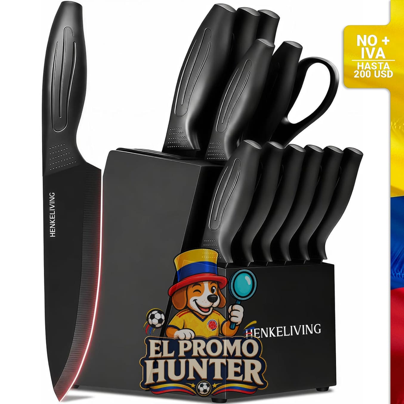 Juego de cuchillos de 14 piezas con bloque y afilador, apto para lavavajillas. Hoja de acero inoxidable alto en carbono.