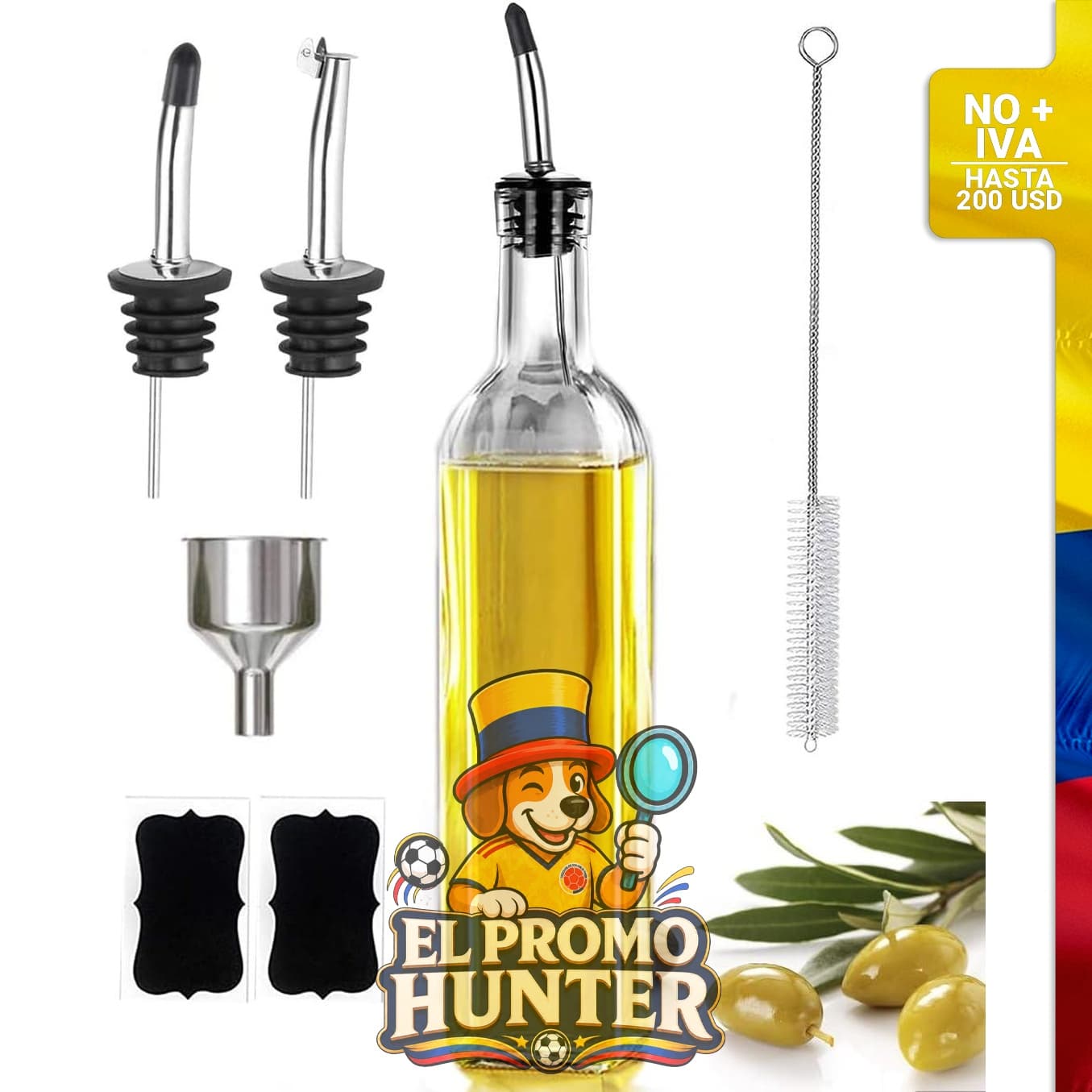 Botella dosificadora de aceite de oliva de 500 ml, incluye 2 vertedores de acero inoxidable, 2 etiquetas, 1 cepillo y 1 embudo.