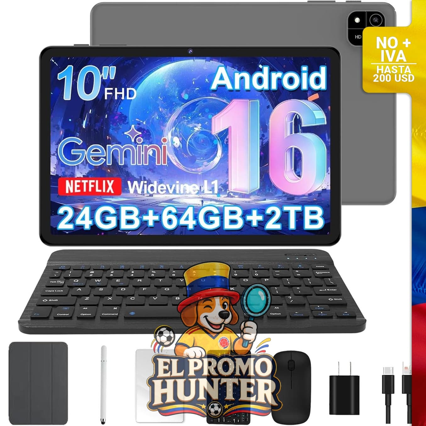 Tablet Android de 10" (25,4 cm) con procesador Octa-Core, 24 GB de RAM, 64 GB de ROM, expansión hasta 2 TB, batería de 6000 mAh, WiFi, Widevine L1, GMS.