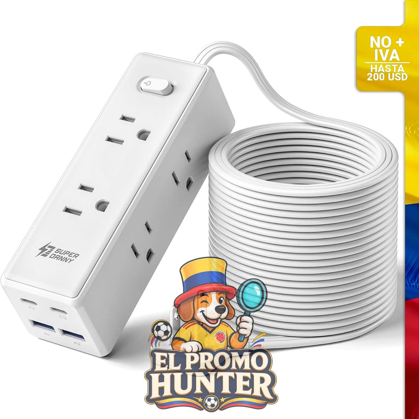 Cable de extensión de 4.57 m con 6 tomas y 4 puertos USB (2 USB-C), incluye protección contra sobretensiones.