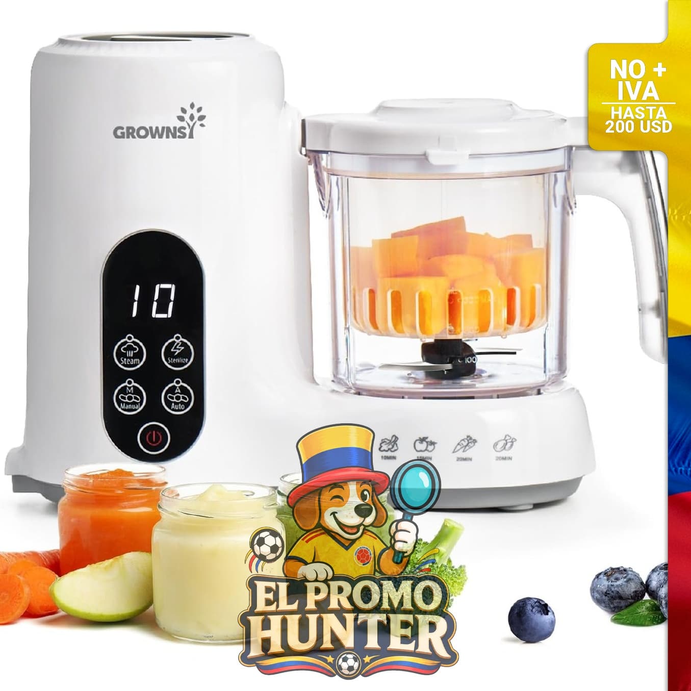 Licuadora para comida de bebé GROWNSY, con canasta de vapor y funciones de cocción automática, licuado, trituración, molienda y esterilización.