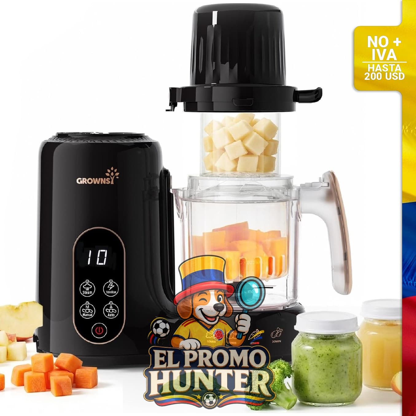 Procesador de alimentos para bebés Grownsy con cesta de vapor de doble capa, sin BPA.