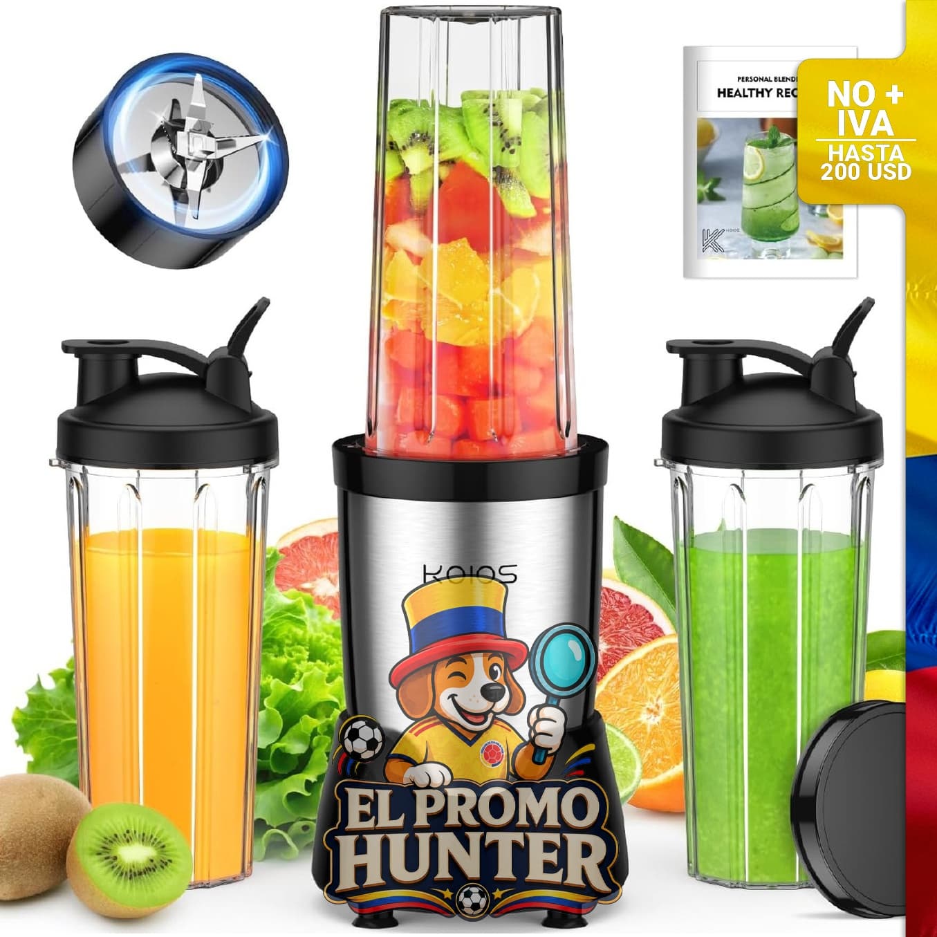 Licuadora personal KOIOS para batidos y smoothies, incluye 3 vasos de 22 oz (650 ml) cada uno, 22000 RPM.