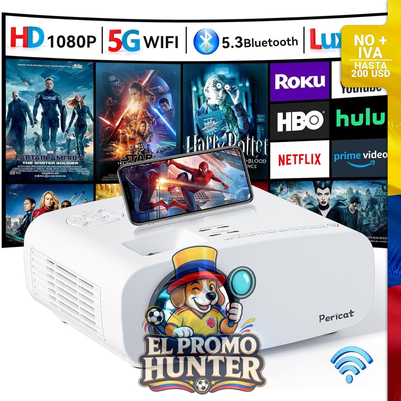 Proyector portátil 4K compatible con nativo 1080P, con WiFi y Bluetooth, conexiones HDMI y USB.