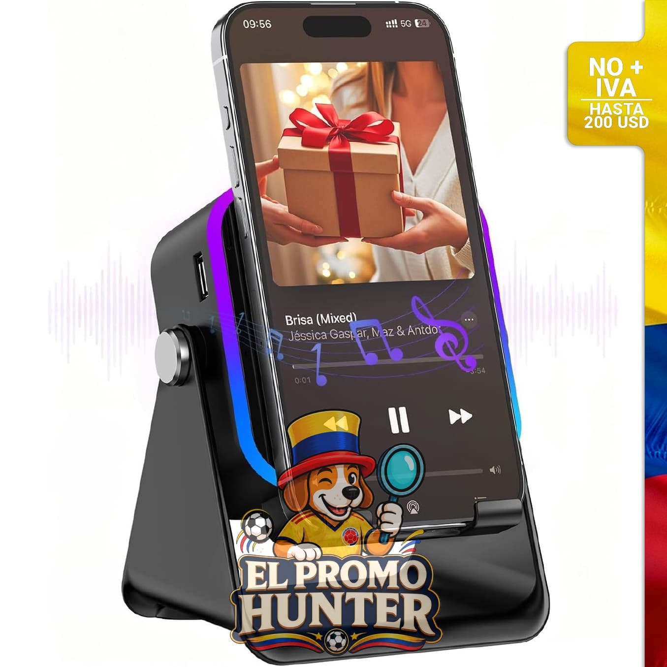 Altavoz Bluetooth 5 en 1 con soporte ajustable para teléfono y luz RGB, incluye carga de emergencia.