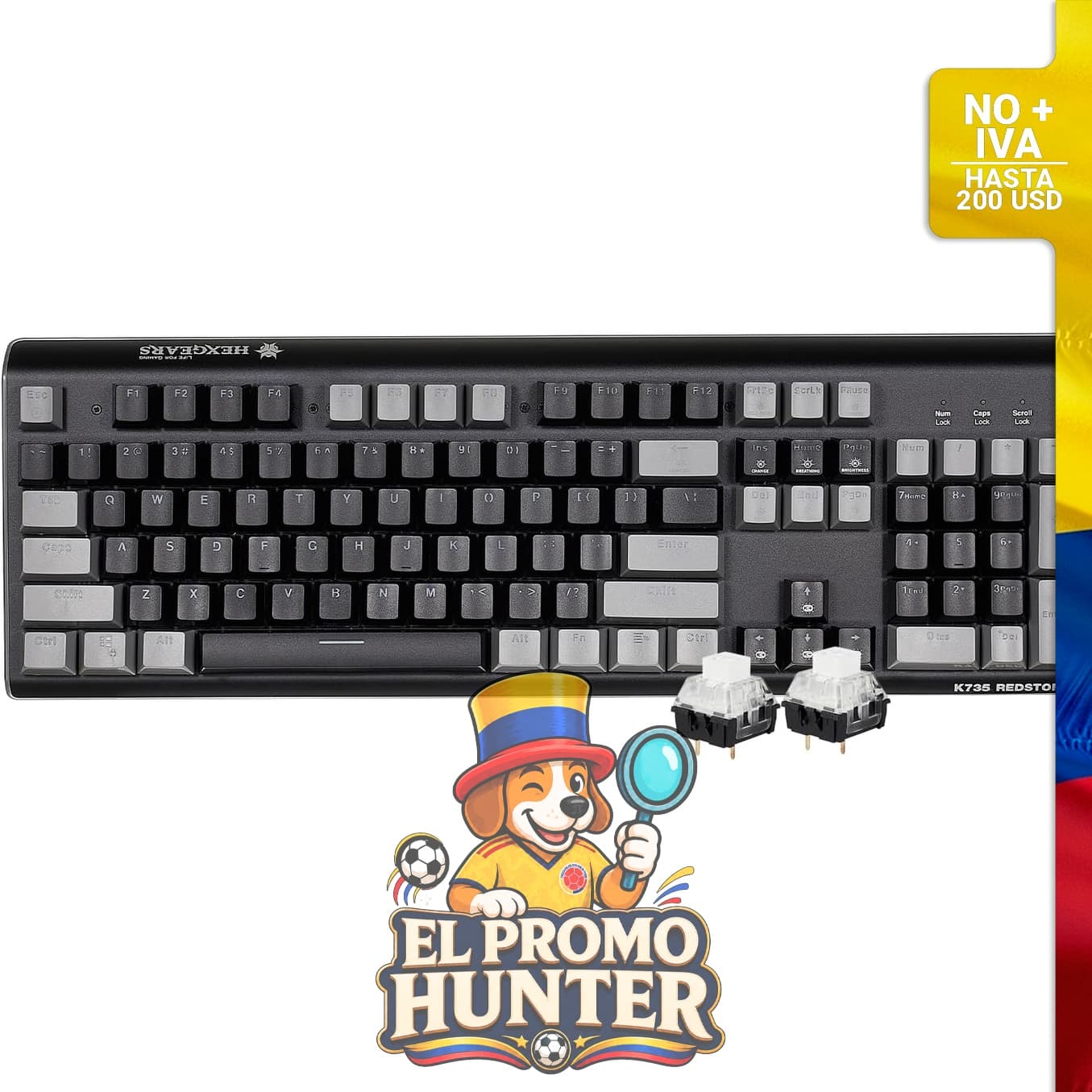 Teclado mecánico Hexgears GK735 con cable, carcasa de aluminio, interruptores Kailh Box blancos y retroiluminación blanca con tira de luz RGB.