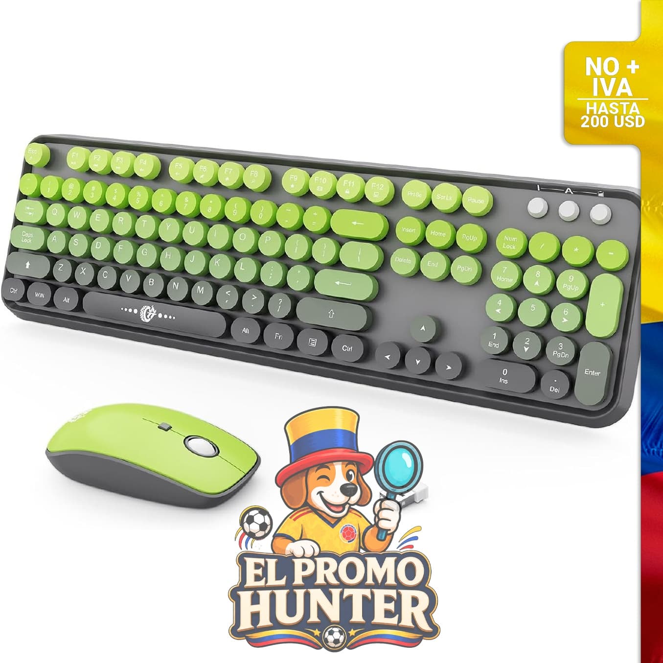 Combo de teclado y mouse inalámbricos de 2.4 GHz, tamaño completo, colorido y retro.
