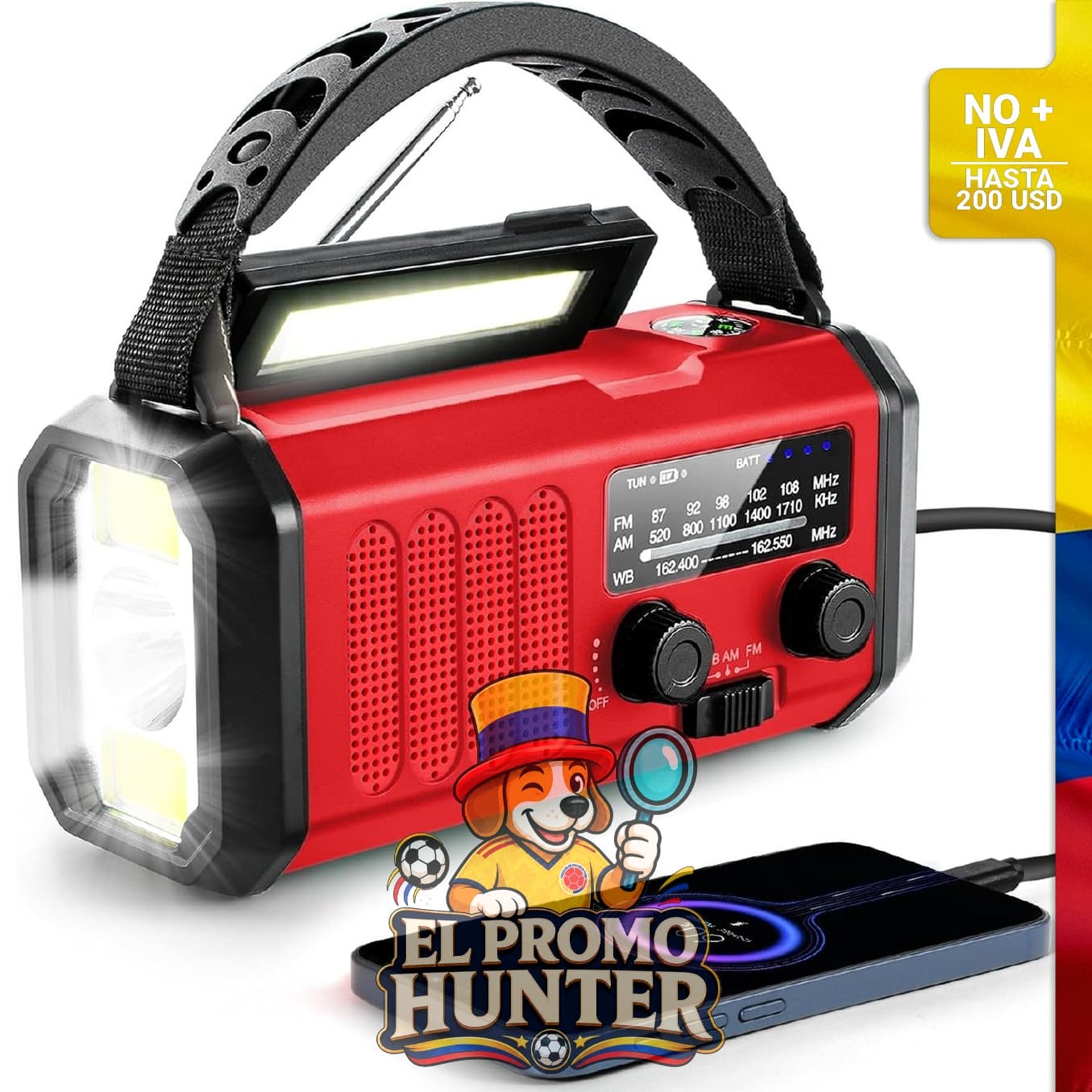 Radio de manivela de emergencia con batería de 10000 mAh, radio NOAA/AM/FM, carga tipo C y solar, linterna LED y brújula.