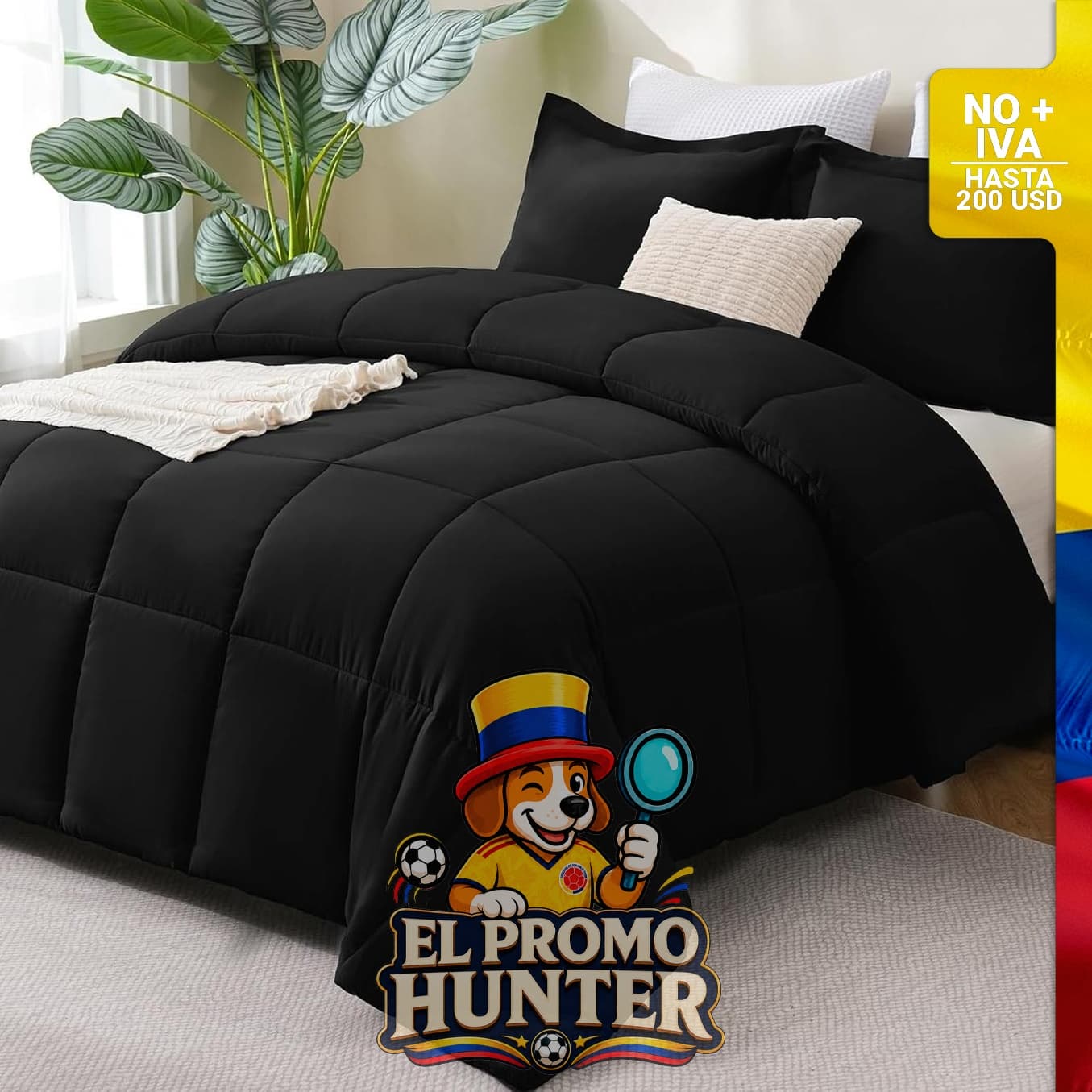 Juego de edredón tamaño Queen (270 GSM) color negro, incluye 1 edredón alternativo y 2 fundas de almohada.