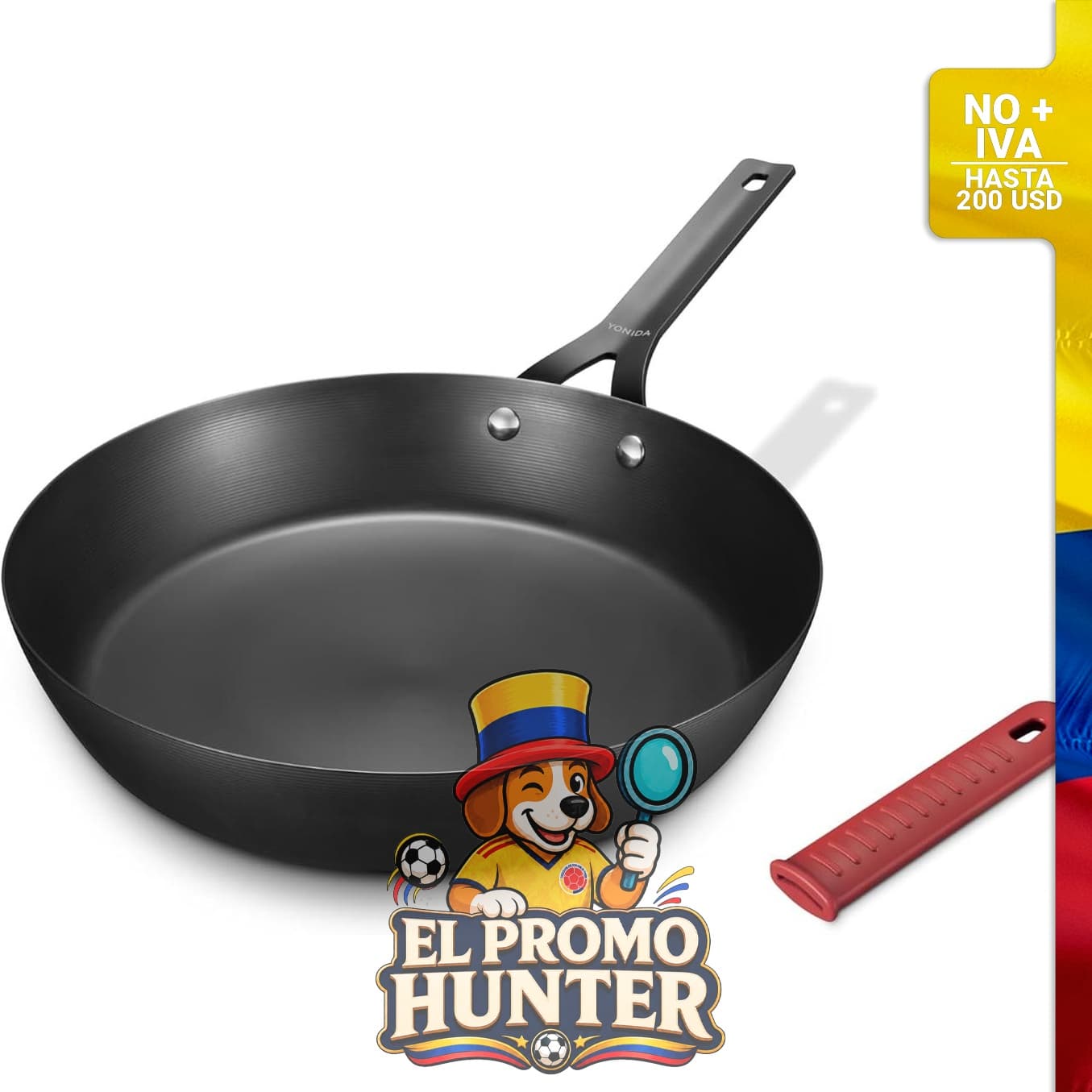 Sartén de acero al carbono de 10" (25,4 cm), antiadherente, pre-sazonada, con mango de silicona extraíble, apta para inducción.