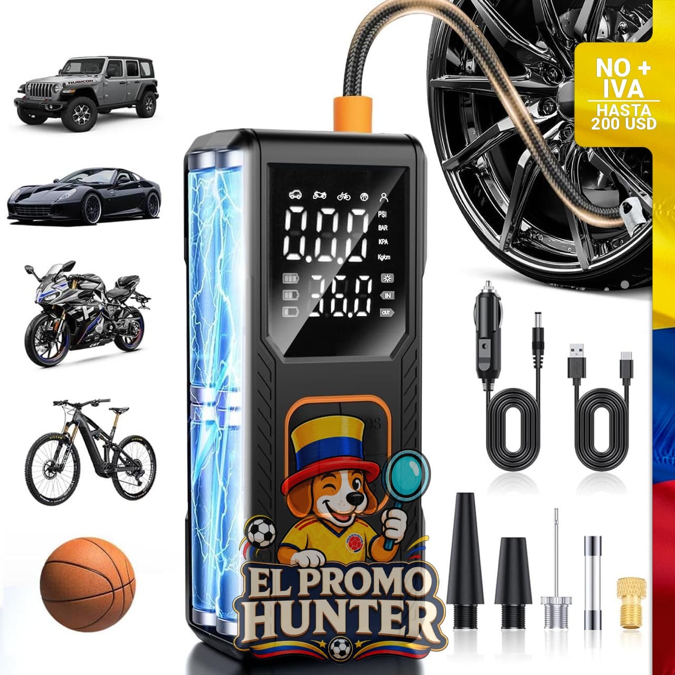 Inflador de neumáticos portátil de 150 PSI, adecuado para automóviles, bicicletas y motocicletas, con medidor digital.