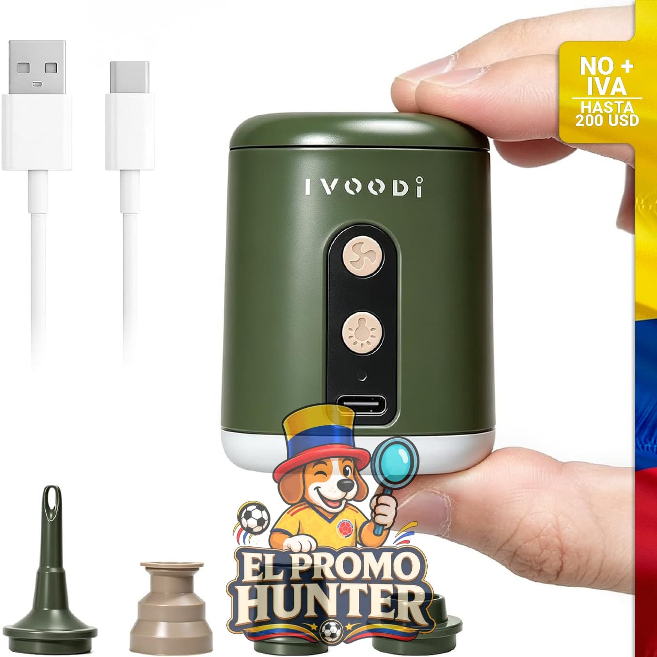 Bomba de aire portátil con presión máxima de 4500 kPa y luz LED.