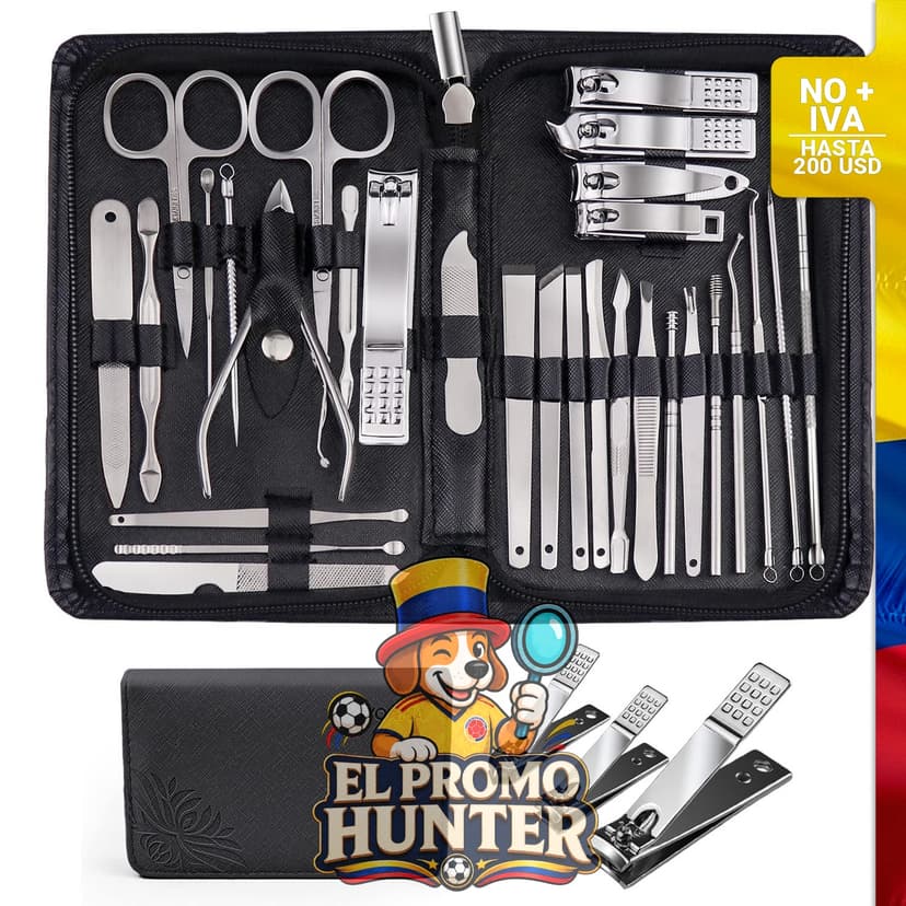 Juego de manicura profesional de 30 piezas en acero inoxidable con estuche negro.
