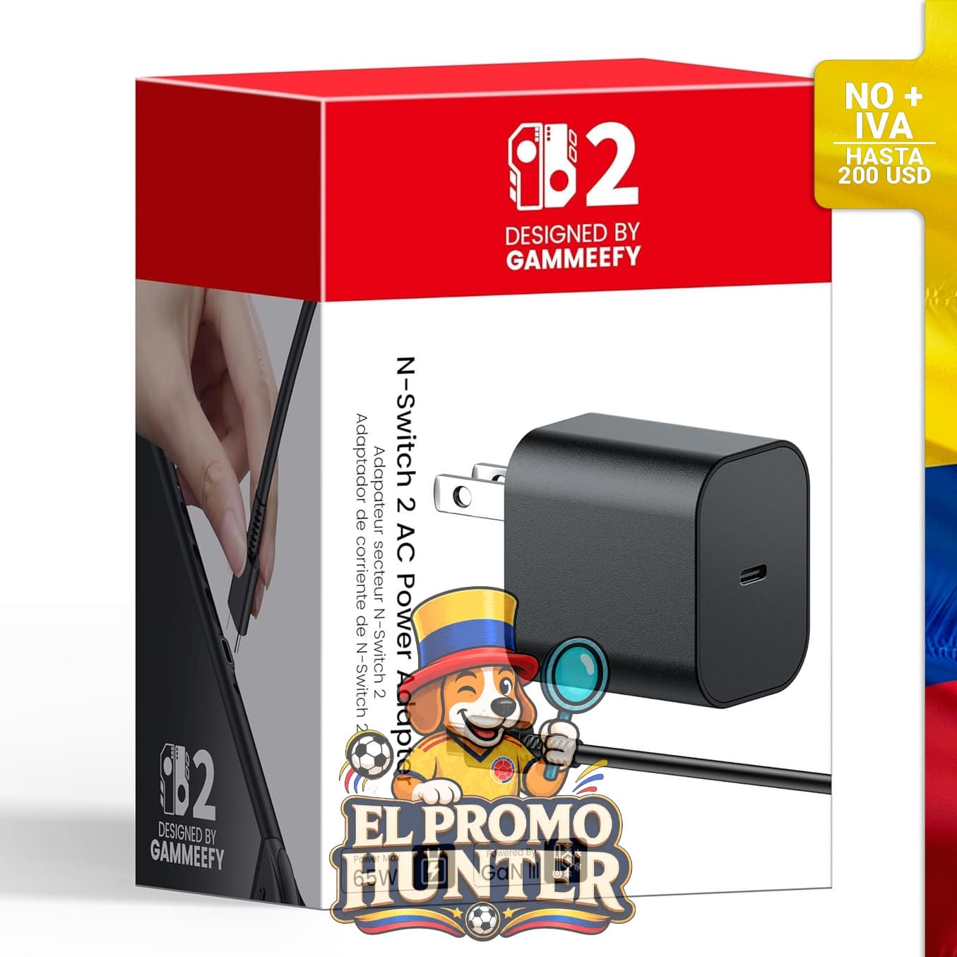 Adaptador de corriente GaN3 de 65W para Nintendo Switch, Steam Deck y dispositivos USB-C, incluye cable de 2 m.
