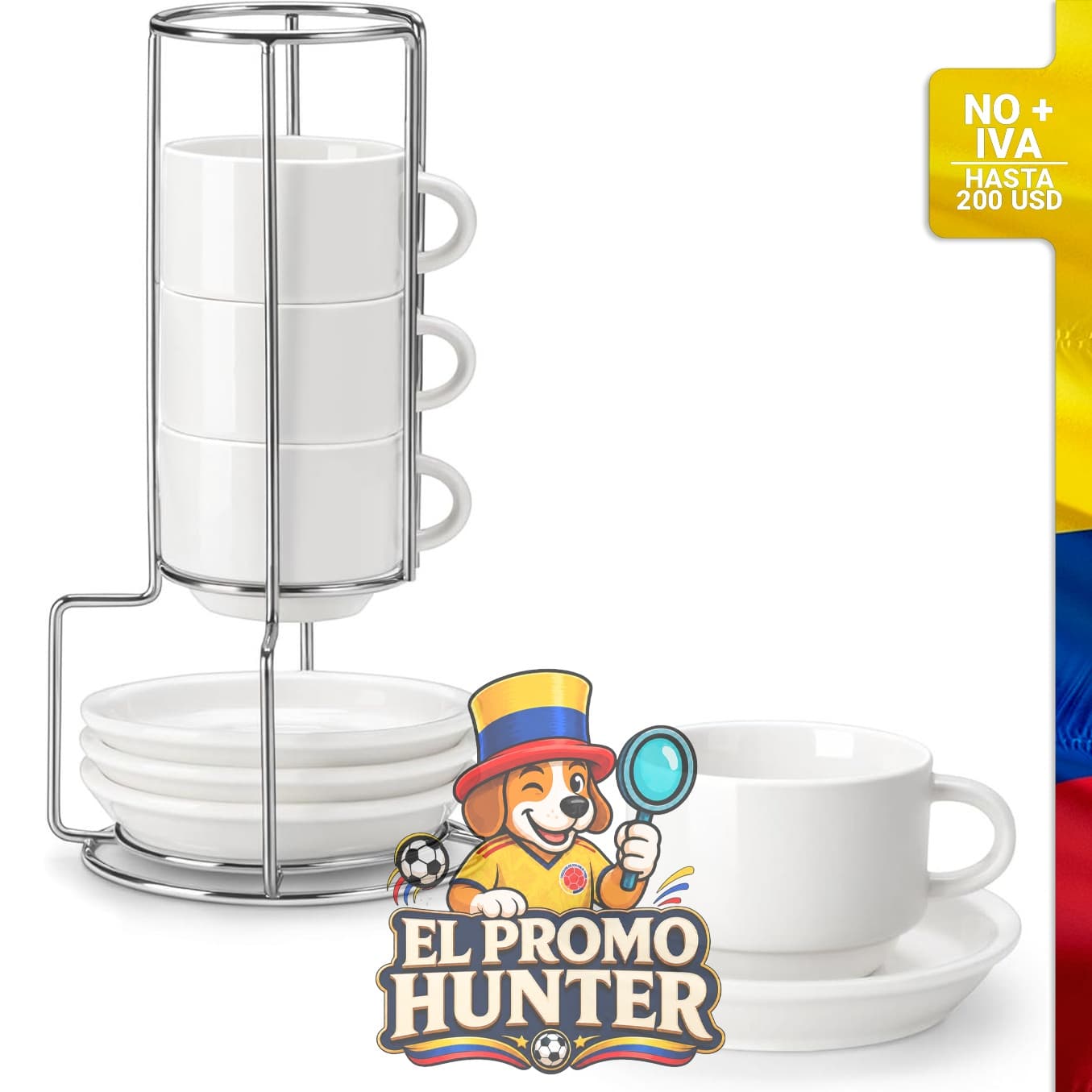 Juego de 4 tazas de café expreso de porcelana de 74 ml con platillos y soporte de metal.