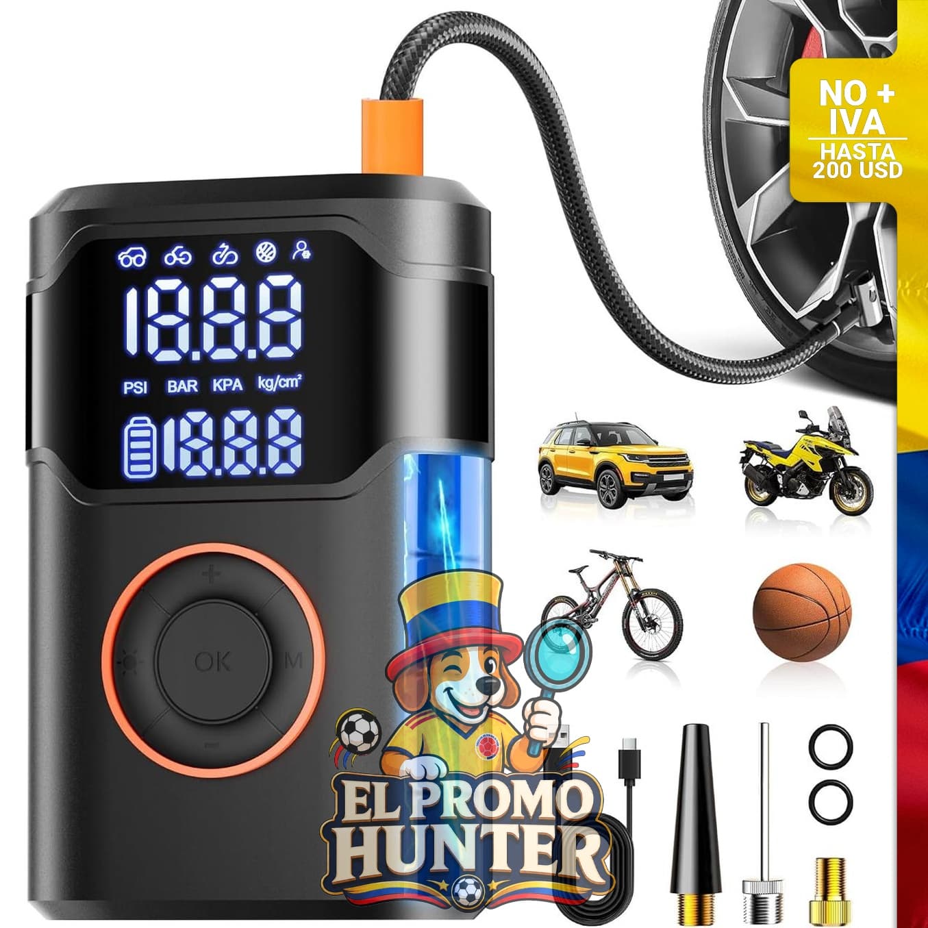 Inflador de neumáticos portátil con compresor de aire, presión máxima de 150 PSI, medidor digital y luz LED.