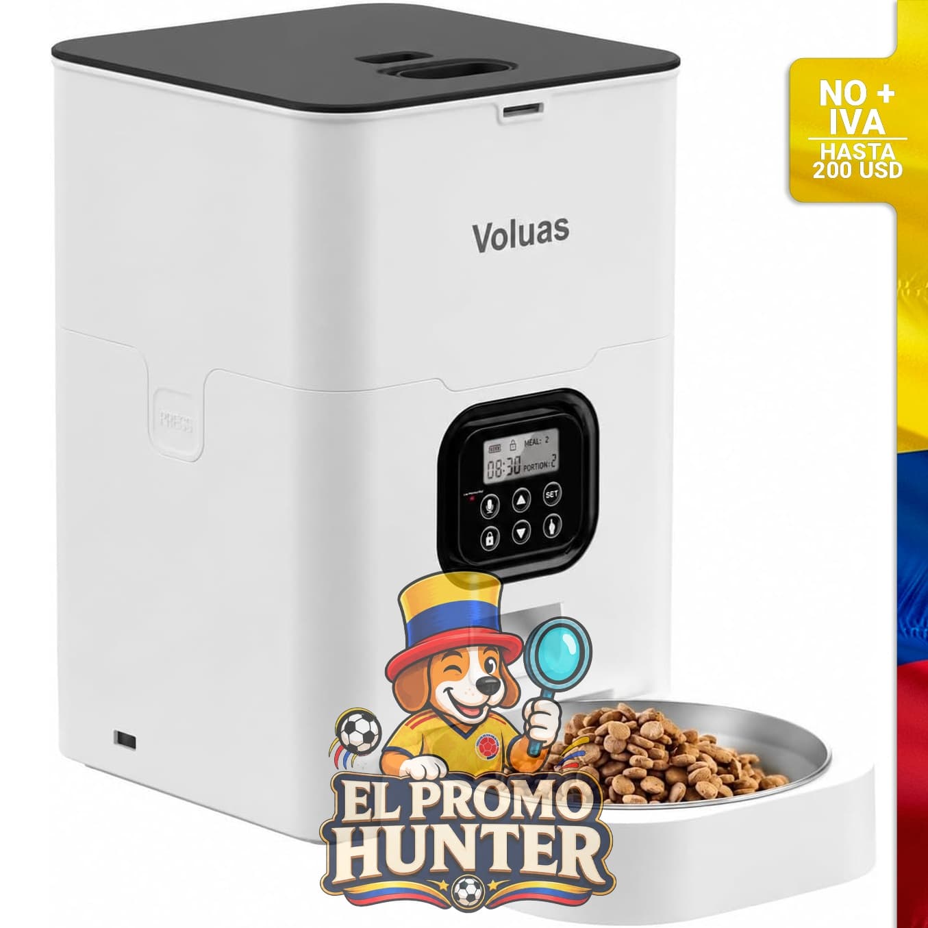 Comedero automático para gatos con capacidad de 6 L, incluye 2 cuencos de acero inoxidable y temporizador.