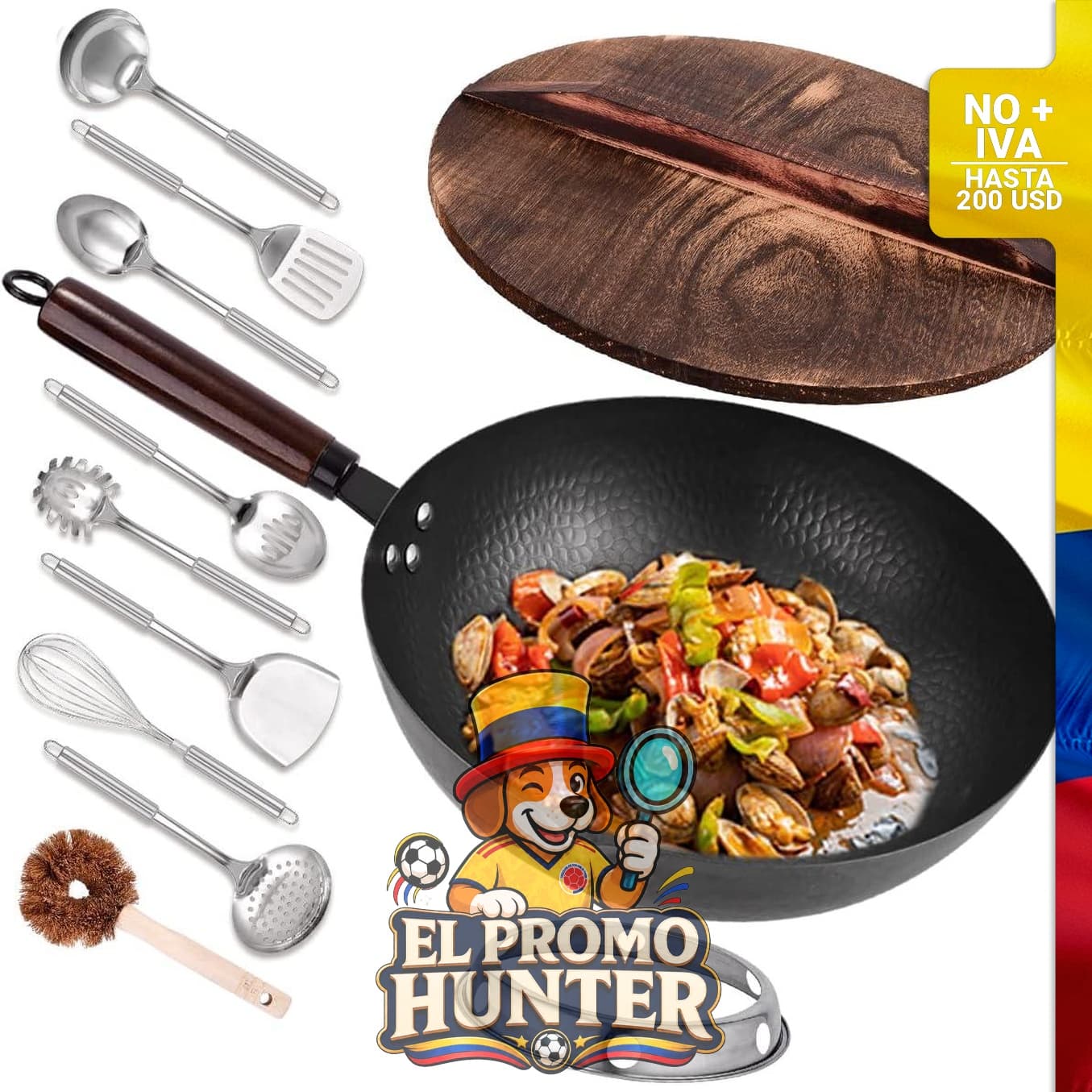 Wok de acero al carbono de 32.5 cm con 11 piezas, incluye tapa y 10 utensilios de cocina.