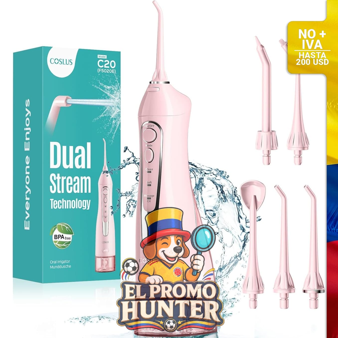 Irrigador oral portátil COSLUS de 300 ml, recargable, IPX7 impermeable.