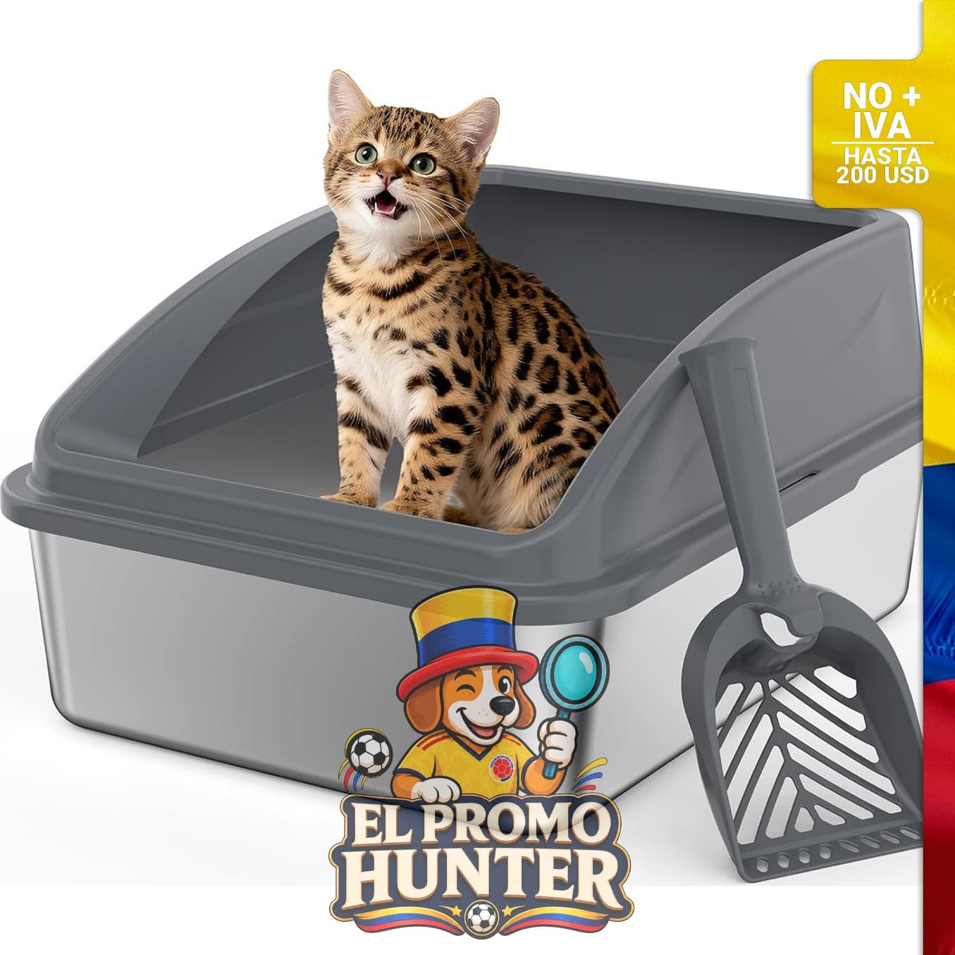 Caja de arena de acero inoxidable para gatos, con pala y entrada superior anti-derrame.