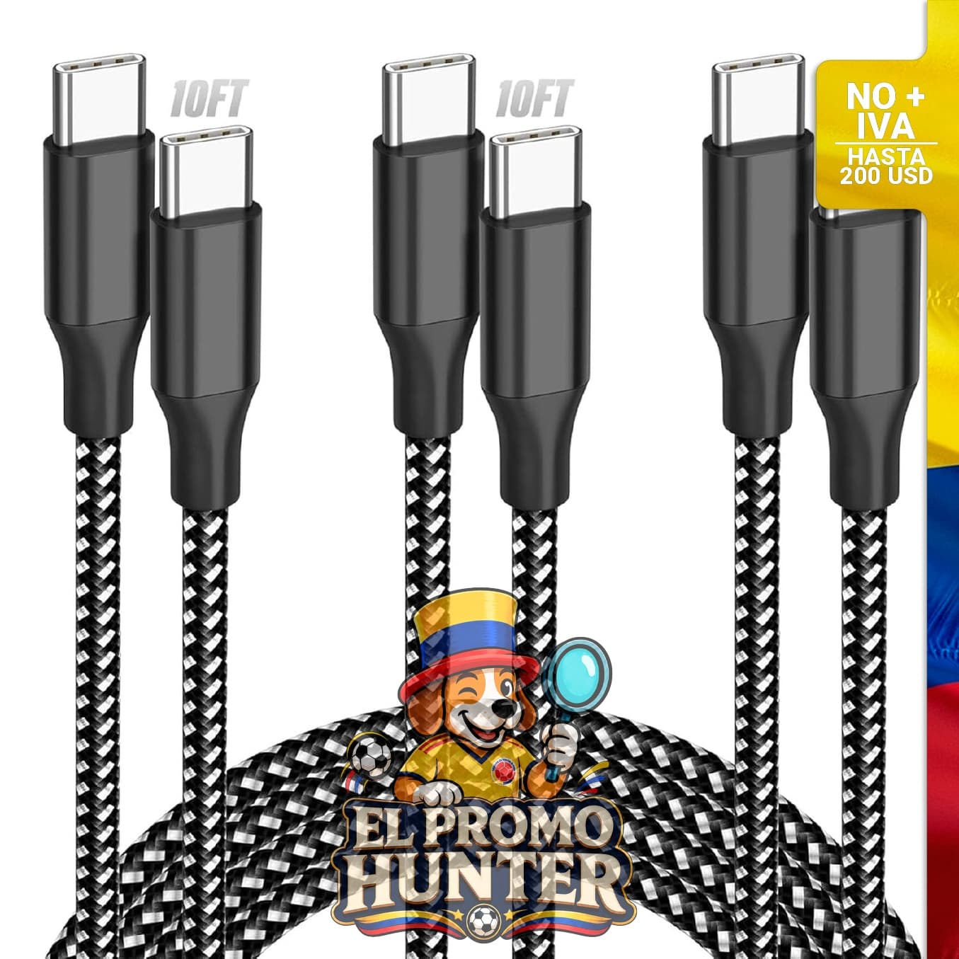 Paquete de 5 cables USB C a USB C de 3/3/6/6/10 pies (0.9/0.9/1.8/1.8/3 m), 60 W, trenzado de nailon.
