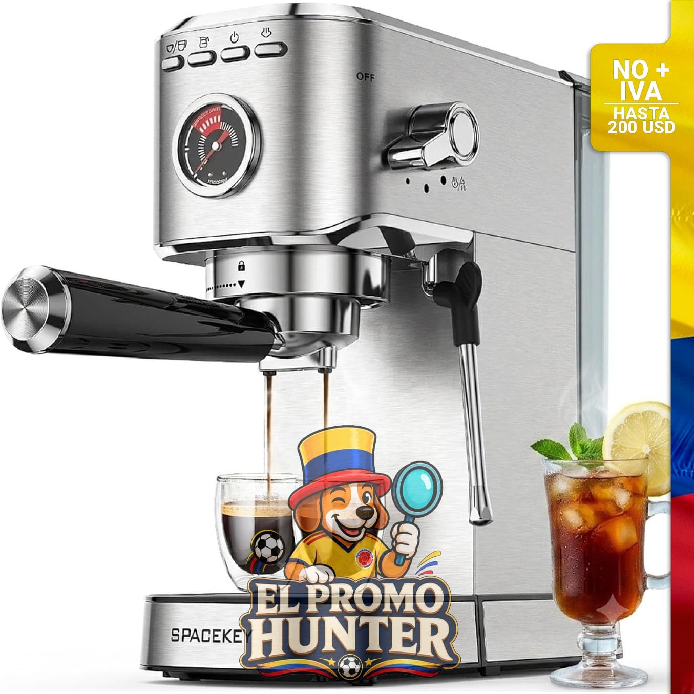 Máquina de café expreso Spacekey de 20 bares, acero inoxidable, tanque de agua extraíble de 1.15 L.